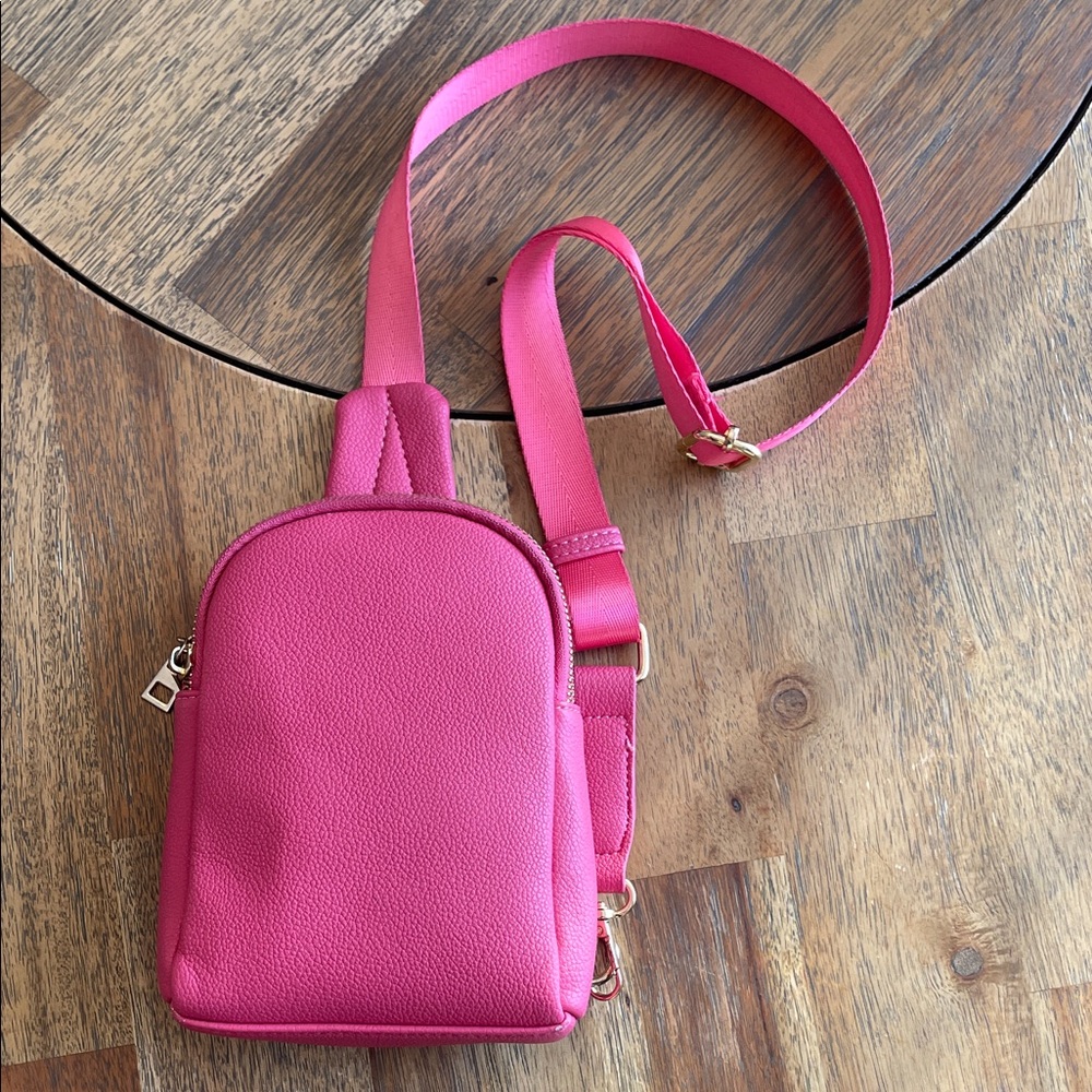 Pink Pebbled Leather Crossbody Sling Bag Gold Hardware Compact Everyday Purse